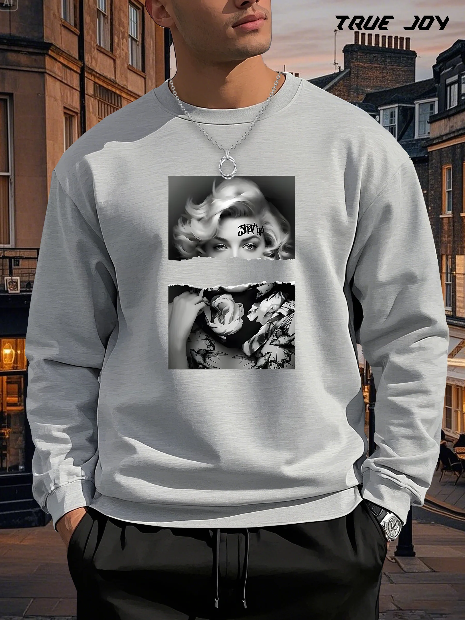 سويت شيرت رجالي بطبعة كولاج فنية - تصميم متباين باللونين الأبيض والأسود، بلوفر كاجوال فضفاض، رقبة دائرية ناعمة وأكمام طويلة #4