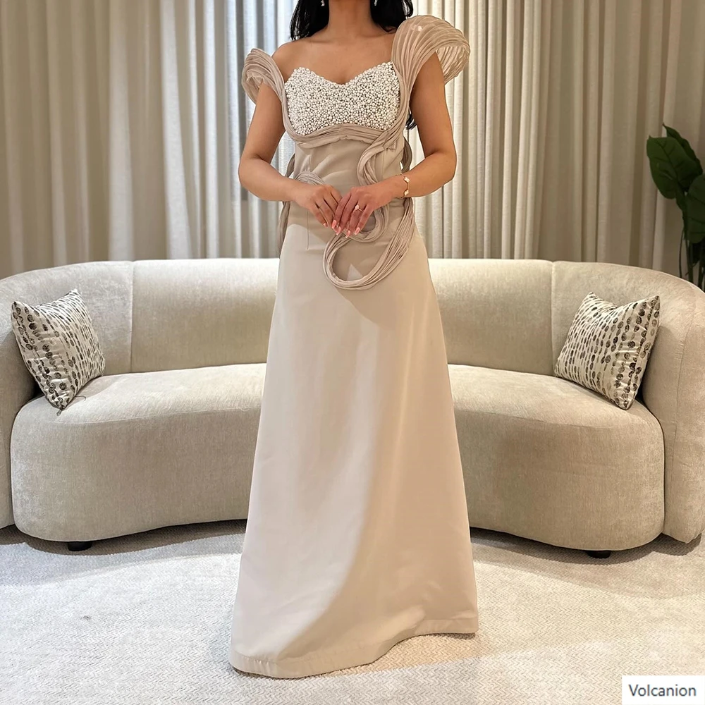

Customized A-line Evening Dresses Floor-length Off The Shoulder Sleeveless Prom Gown Fashion Beading Simple Draped Party Gown