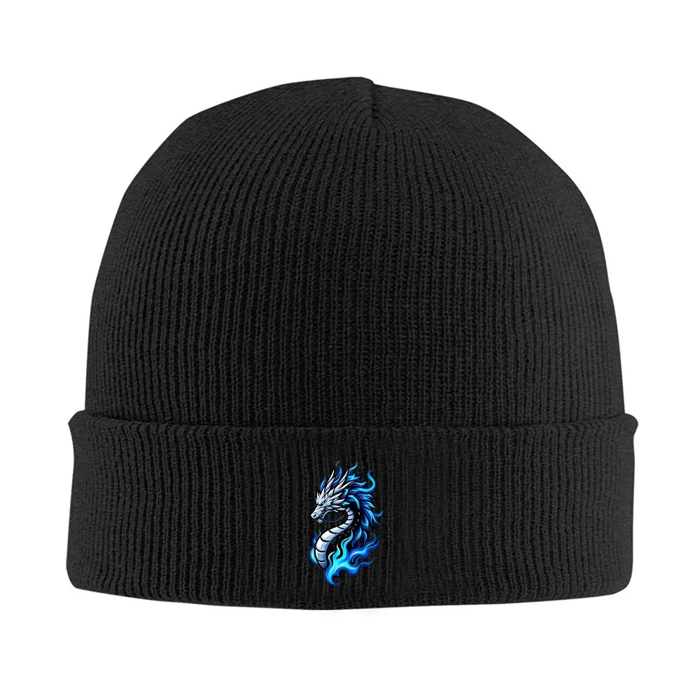 Blue Maned Dragon Flame Print Knit Beanie Hat Warm Windproof Winter Hat for Men Women