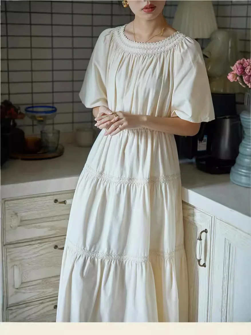 

French Elegant O-neck Lace Splicing Puff Sleeve Apricot Ruffle Dress For Women Slim Fairy Dress For Women Summer Harajuku Style