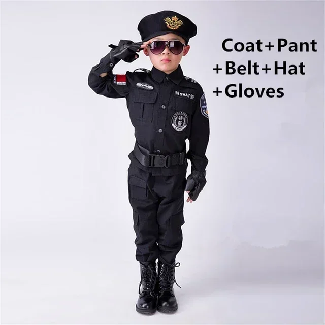Politieagenten Kostuums Jongens Speciaal Politie-Uniform Kinderdaggeschenk Leger Lange Mouw Jas  HandschoenenCosplay