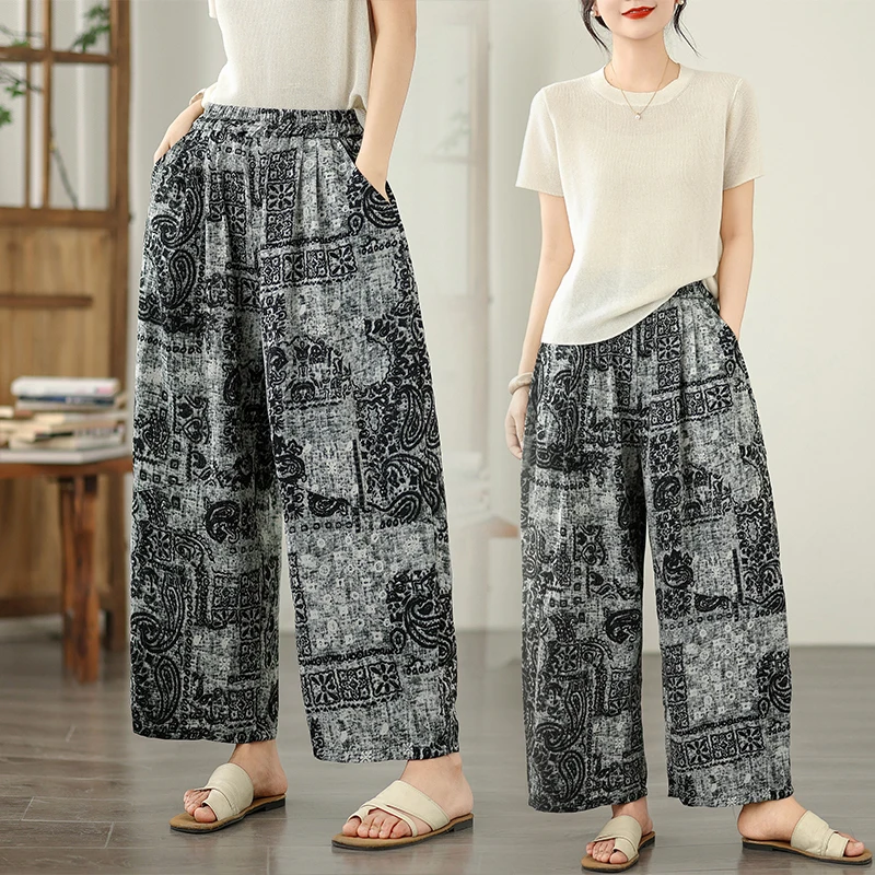 

Летние тонкие широкие брюки с винтажным принтом и высокой талией, повседневные универсальные длинные брюки, тонкие брюки из полиэстера для поездок на работу и ветер...