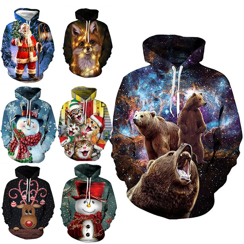 2023 New Autumn/Winter New Christmas Clothing Pullover 3D Digital Printing Loose Bomber Hoodie Sweater