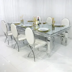 Luxury stainless steel silver rectangle tables event glass mirror dining table for wedding