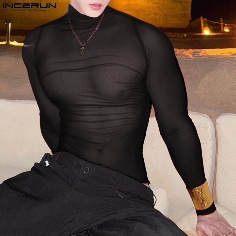INCERUN Men T Shirt Mesh Long Sleeve See Through Turtleneck Male Tee Tops Sexy Streetwear Fashion Casual Men Clothing Solid