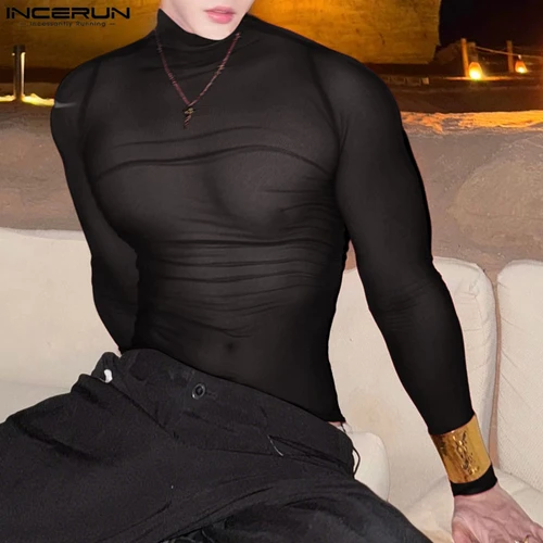 INCERUN, camiseta para hombre de malla de manga larga transparente con cuello alto, camisetas para hombre, ropa de calle sexi, ropa informal de moda para hombre, ropa sólida