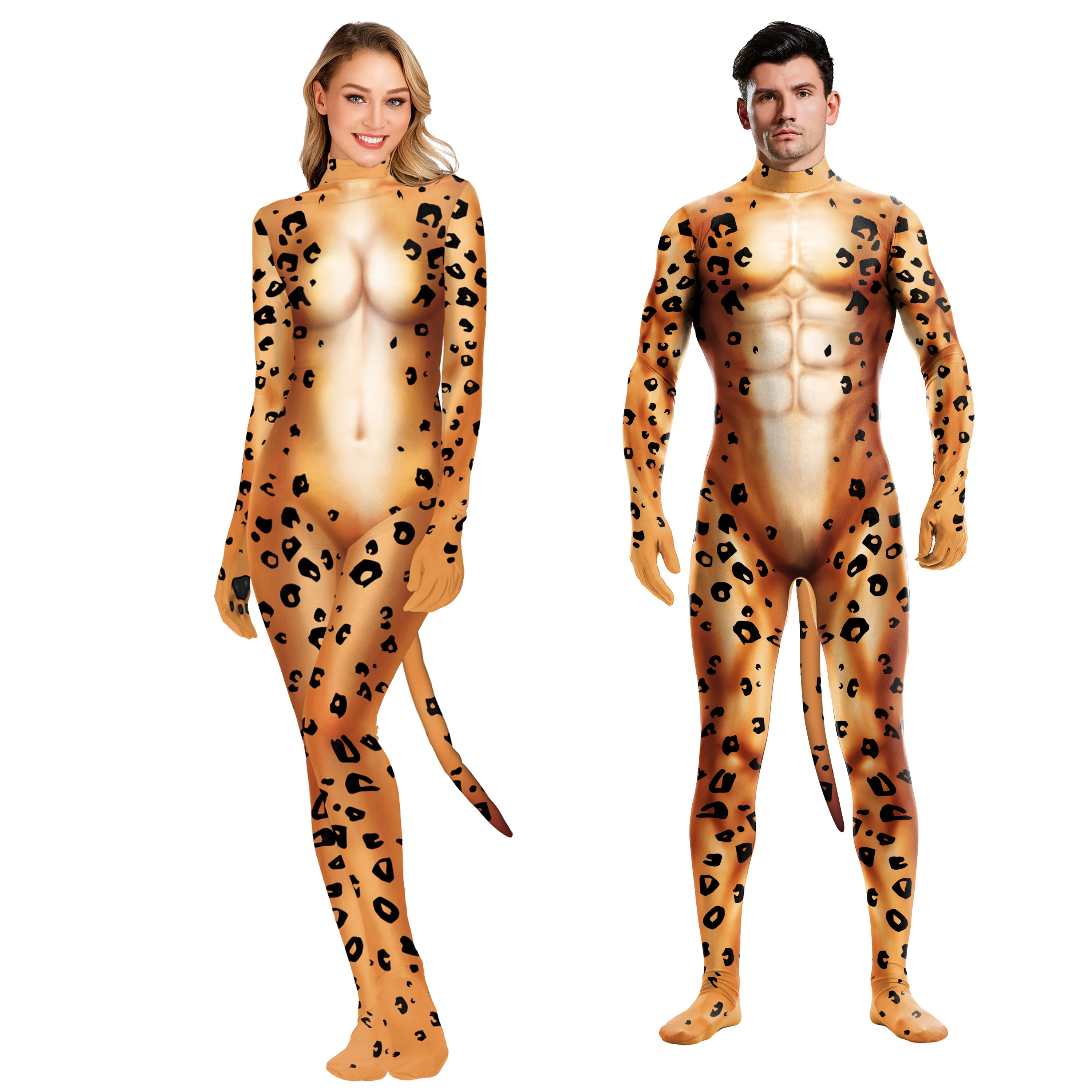 IOOTIANY Animal Leopard Printed Jumpsuit Catsuit Costume Sexy Zentai Cosplay Bodysuit Suit Full Cover with Tail Fitness Outfit