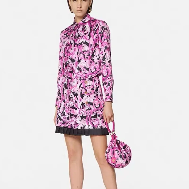 

Ele Purple Floral Print irt Top And f Skirt Set Slimming Versatile Two-Piece Suit Polyester Fiber Ladies irt