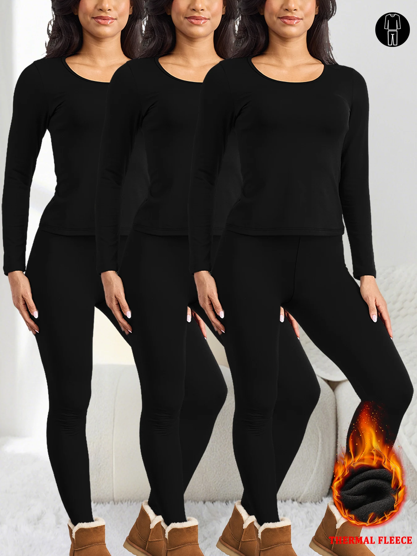 

Комплект из 3 женских термокомплектов на очень мягкой флисовой подкладке — зимнее нижнее белье, домашняя одежда, пижамные комплекты для комфорта в холодную погоду