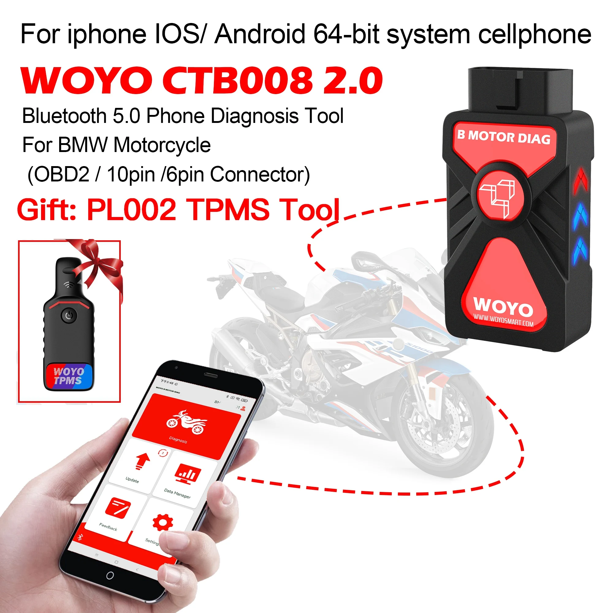 WOYO CTB008 2.0 For BMW Motorcycle Bluetooth 5.0 Phone OBD2 Diagnostic Scanner, For BMW R1300 R1250 R1200 F850 F900, 2017-2024