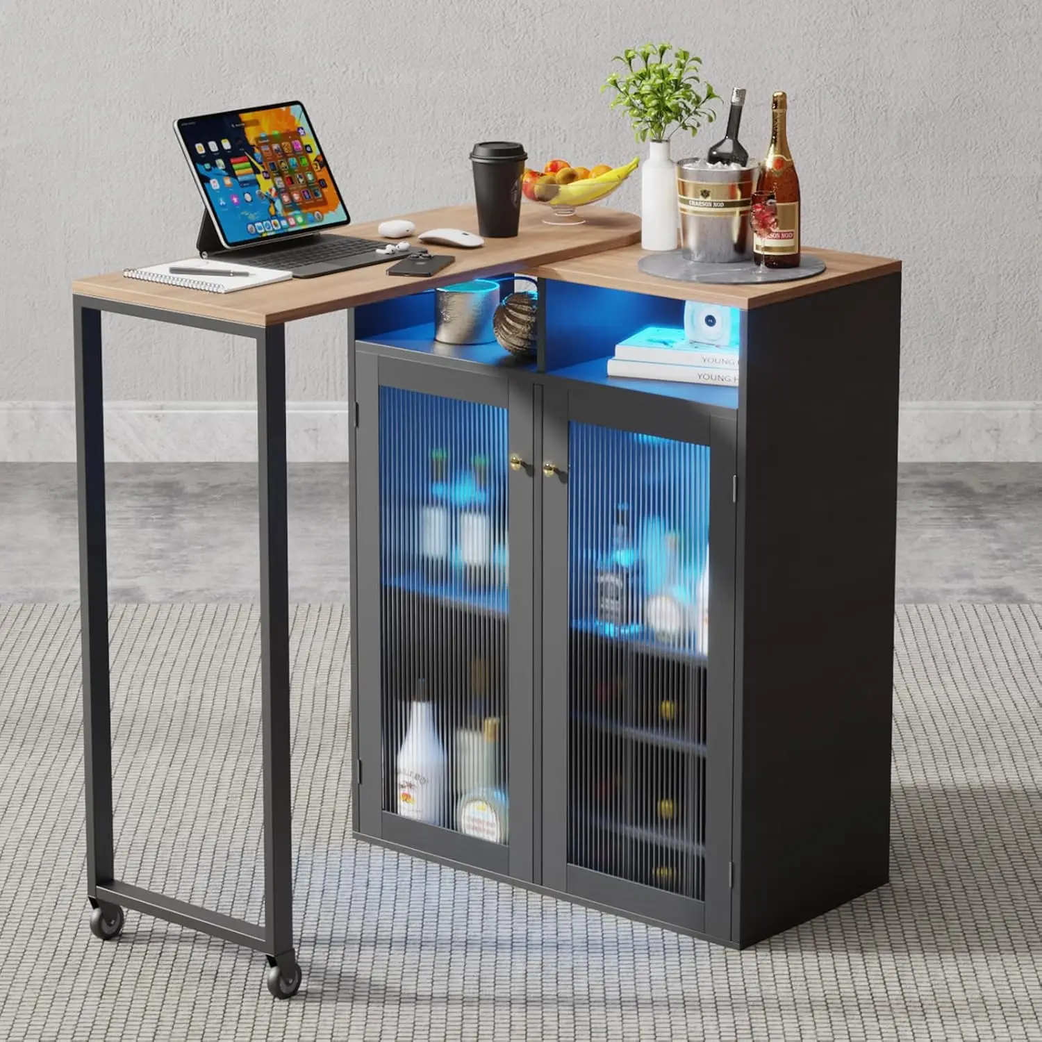 Barkast met opbergruimte voor thuis, 360° °   Roterende wijnkast, LED-bartafel met stopcontact, wijnrek en glazen houder, breakfa