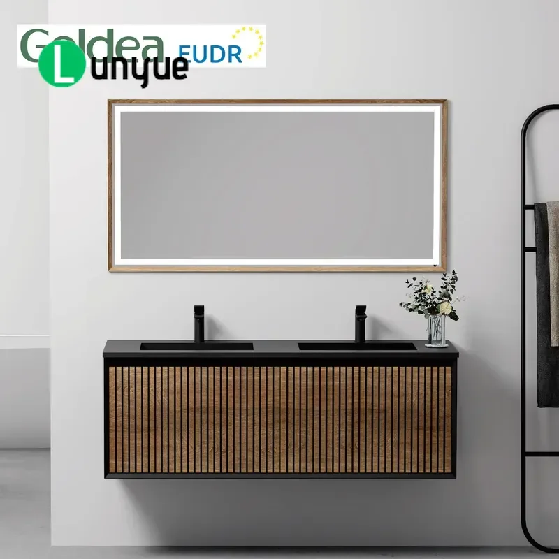 Modern Wood Colored Wall Mounted Bathroom Vanity Waterproof Sanitary Dresser with Basin and Mirror for Apartment Home Decor