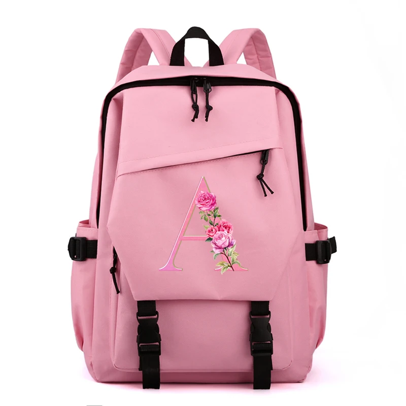 Teenage Girls Cute Pink Shoulder Bag A-Z 26 English Alphabet Floral Print Travel Backpack 26 Initials Pink Flower Gift Schoolbag