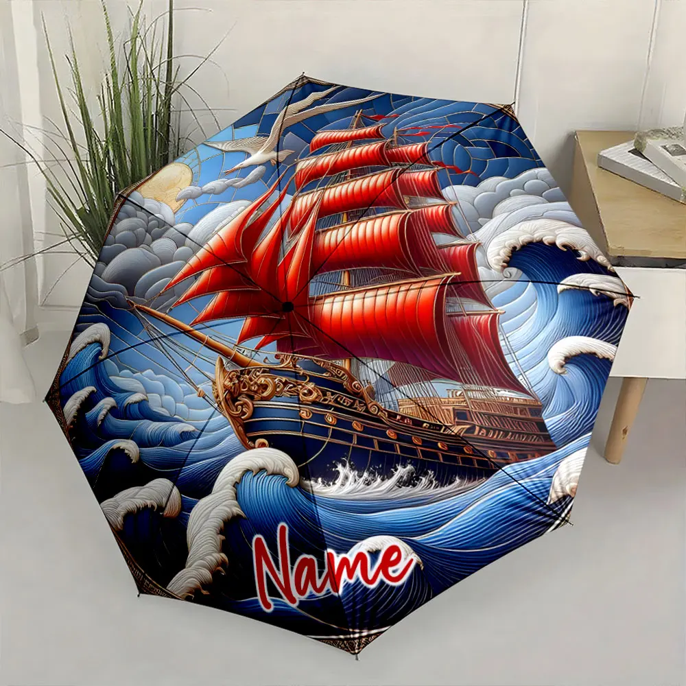 Custom Name Sailboat Design Umbrella: A Nautical Art Masterpiece Print 8 Iron Ribs Folding Umbrella, Auto-Open Fashion Sunshade