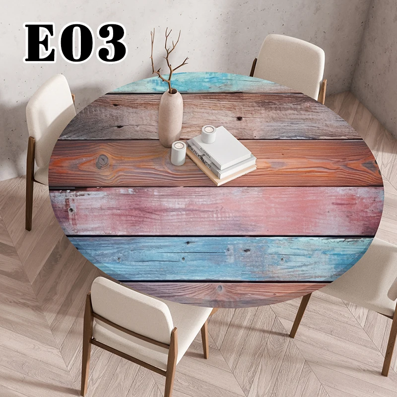 60/90/120cm Elastic Round Table Cover Home Dining Room Decor Retro Wooden Texture Waterproof Stain-Resistant Tablecloth