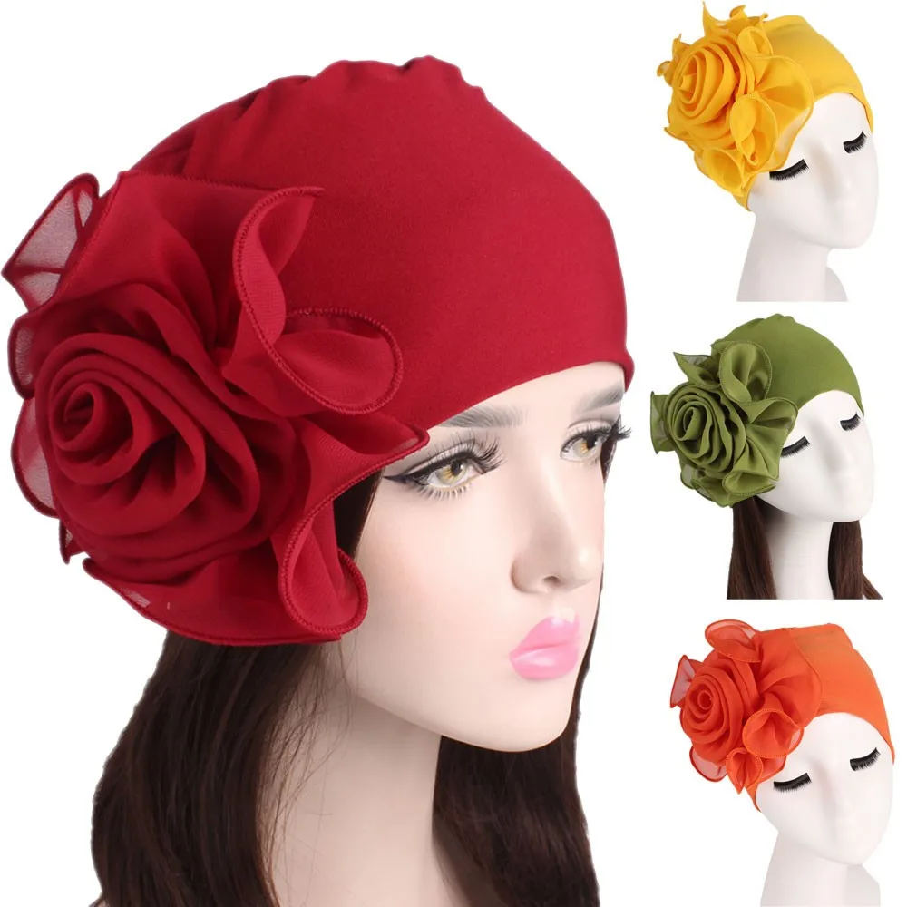 Fashion Women Pleated Turban Hat Beanie Hat For Ladies Retro Style Big Flowers Hat Baotou Cap Party Accessories