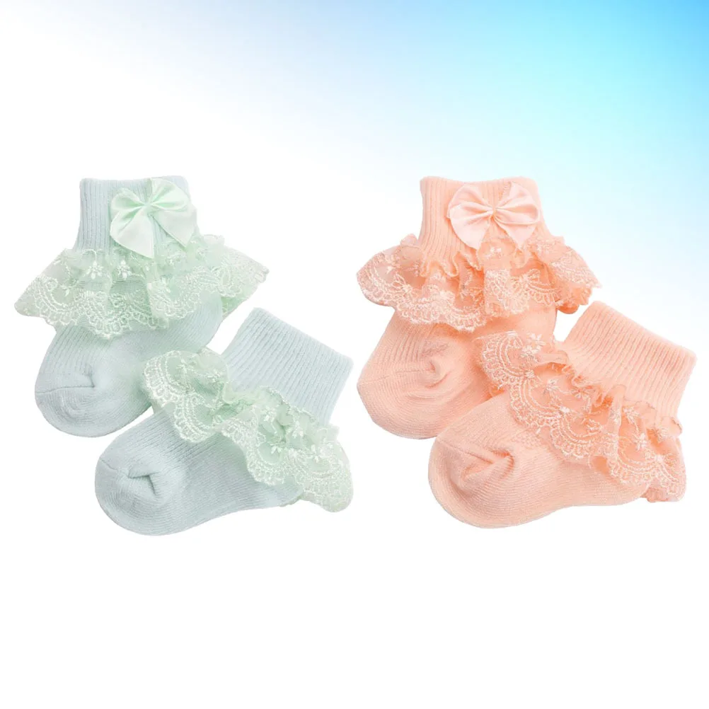 

2Pairs Baby Socks Bow-Knot Lace Breathable Soft Stockings 1-2 Years Green Orange Toddler Wear Socks for Baby