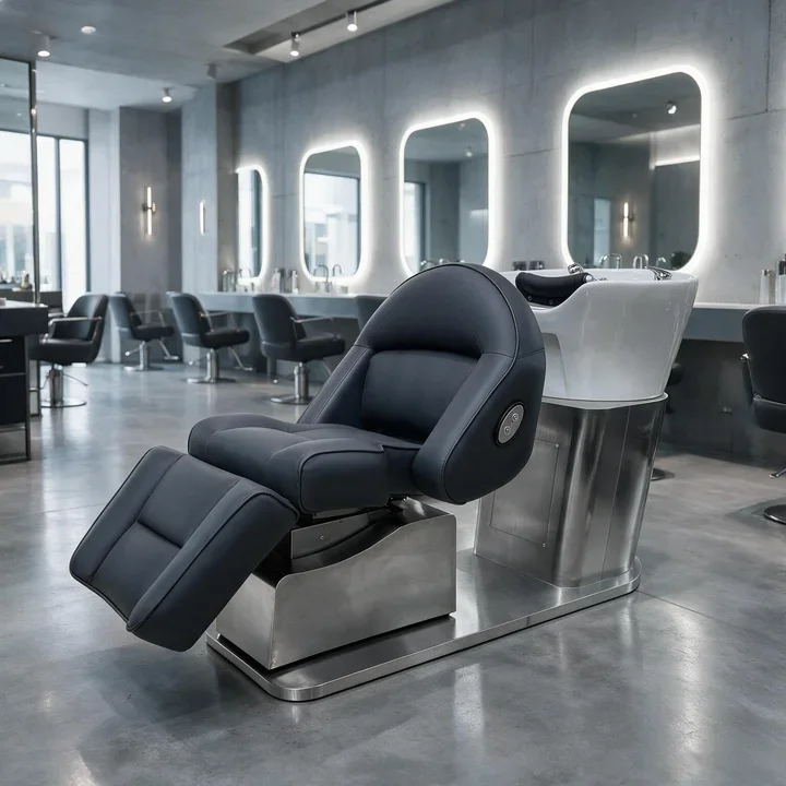 Luxury electric shampoo bed with all stainless steel cabinet, professional salon shampoo table, electric recliner
