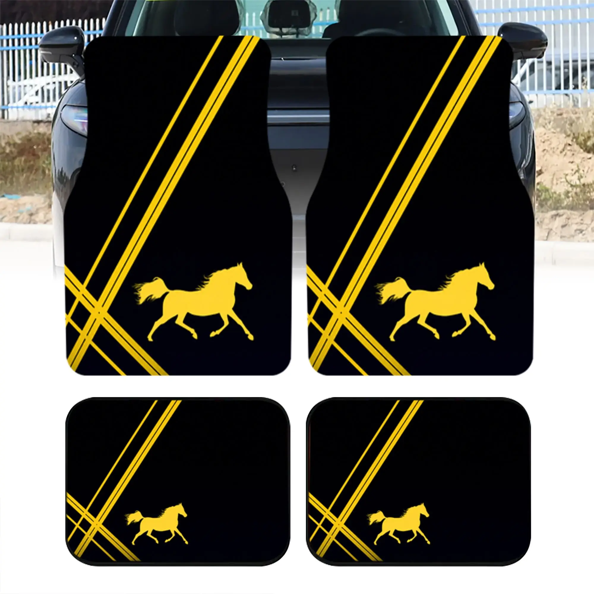 2pcs 4pcs Universal Car Floor Mats, Yellow Galloping Horse Silhouette With Diagonal Stripes On Black Background, Trendy Printed