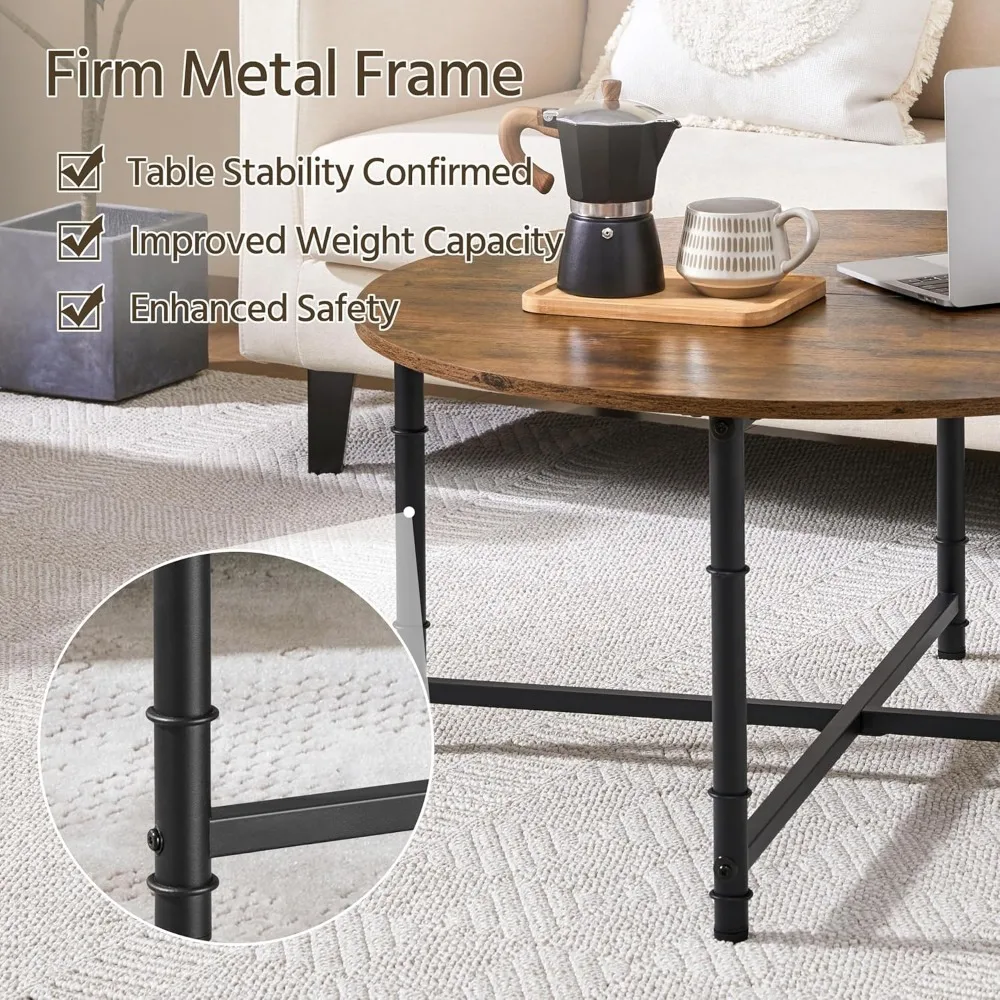 Rustic Circle Coffee Table with Modern Metal Legs for Living Room