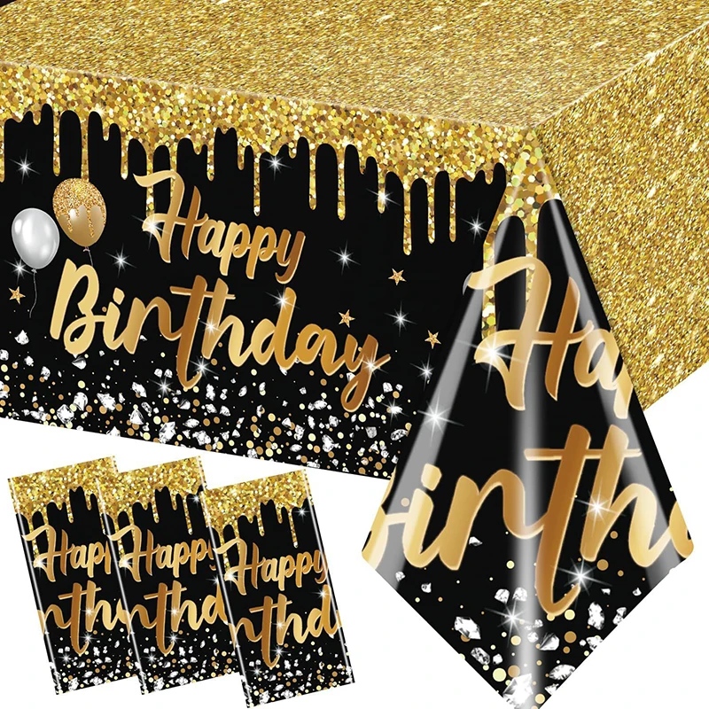 1 Stück Gold-Schwarze Tischdecke Große Einweg-Tischdecke Glitzer Happy Birthday Tischdecken für Erwachsene Geburtstags-Plastiktischdecke