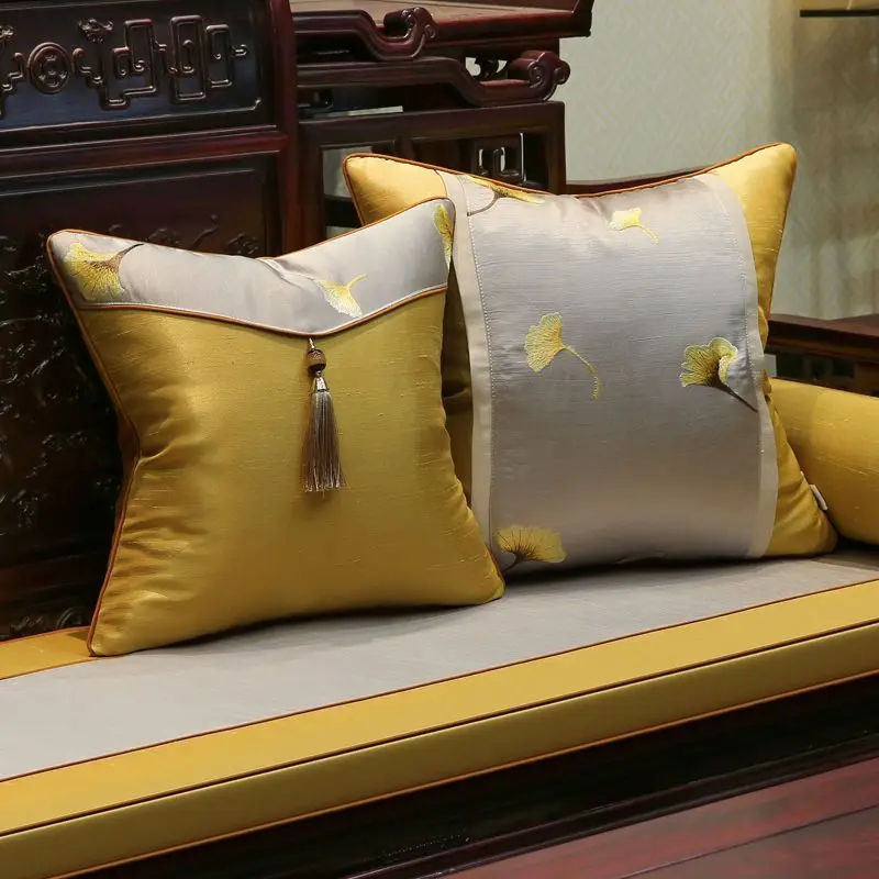 ancient Chinese style Ginkgo leaves embroidered cushion cover pillowcase satin waist pillow cover