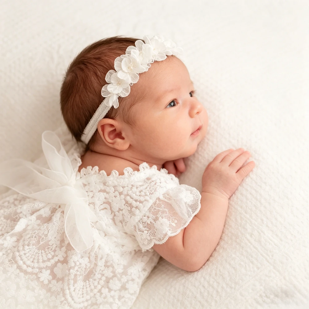 Newborn Photography Props Baby Girl White Lace Tulle Tutu Dress Ruffle Shoulder Infant Photo Shoot Outfit 0-1 Month