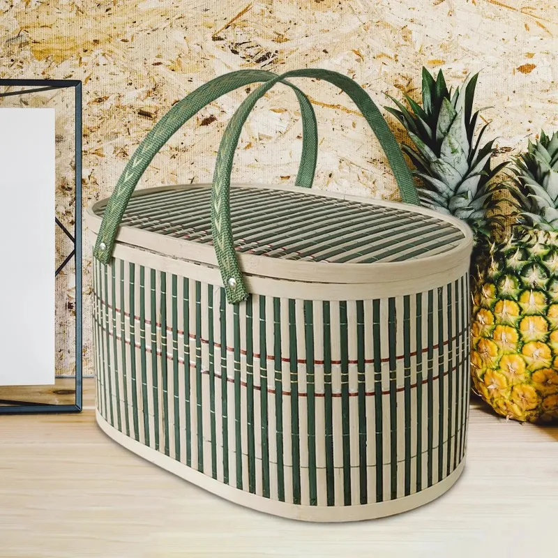

Bamboo Woven Basket with Top Handle Versatile Handwoven Picnic Basket Food Storage Basket Bamboo Basket with Lid for Snacks Cake
