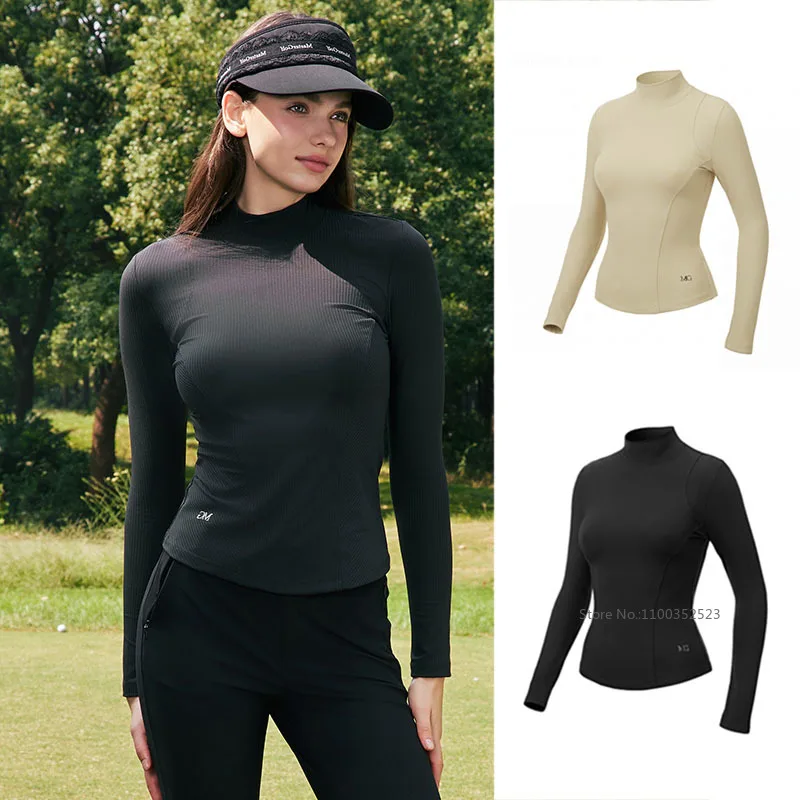 MG Autumn Winter Women Golf Slim Tops 3D Cutting Long Sleeve Shirts High Neck Soft Stretch Base T-Shirts Leisure Golf Apparel