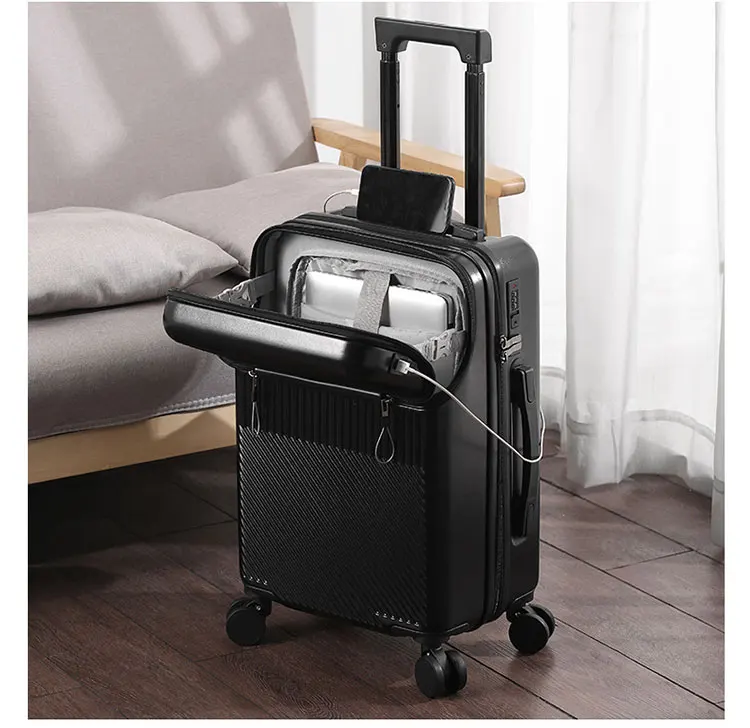 Bagages à roulettes avec poche pour ordinateur portable, port de charge USB, voyage d'affaires, voyage étudiant, boîte à roulettes multifonction, 24/26 en effet