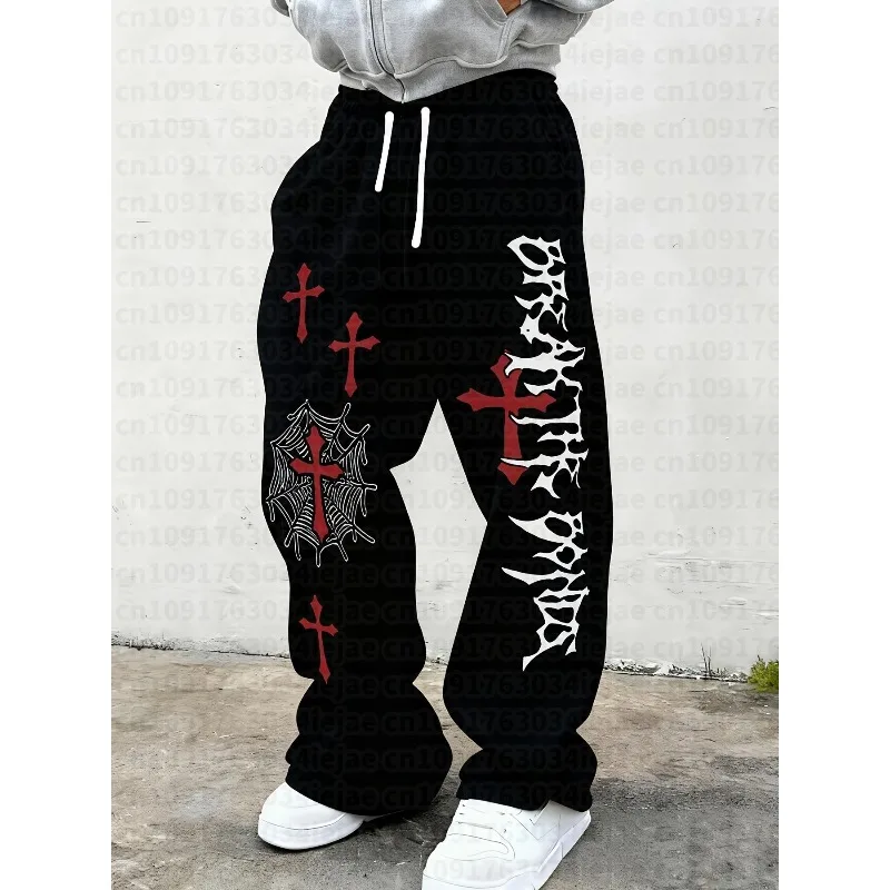 Men Kid Gothic Vertical Graphic Wide Leg Sweatpants Drawstring Loose Straight Baggy Y2K Dark Punk Streetwear Pants.