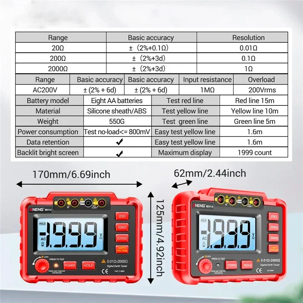 MH14 Ground Resistance Megohm Testers Meter Megohmmeter Voltmeter Red Color 1999 Conuts Ohm Detector without BatteryTools