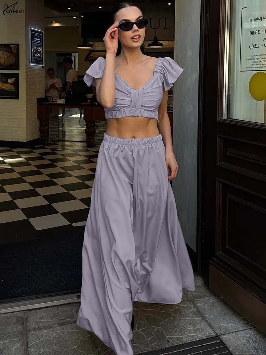 

Oymimi Fashion Purple 2 Pieces Set For Woman Elegant V-Neck Sleeveless Ruffled Zipper Crop Tops And Loose Simple Skirts Sets