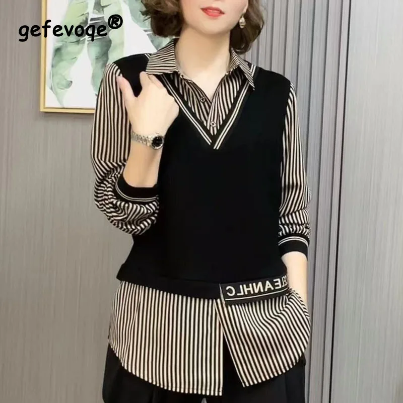 2023 Autumn Women\'s New Large Fashion and Fashionable Versatile Slim Stripe Temperament Loose Shirt Collar Fake Two Piece Top