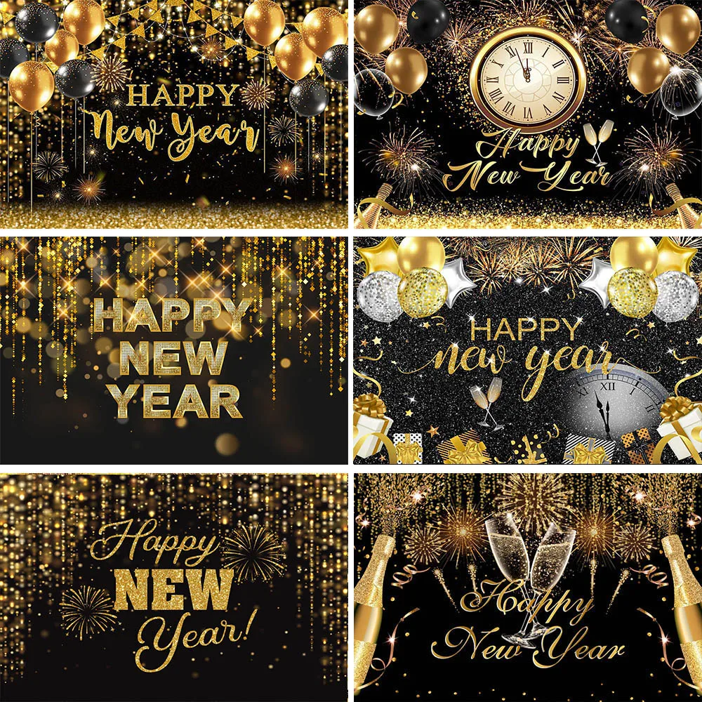 

Mocsicka Black and Gold Happy New Year Background Glitter Balloon Firework Family Portrait Photography Backdrop Party Decoration