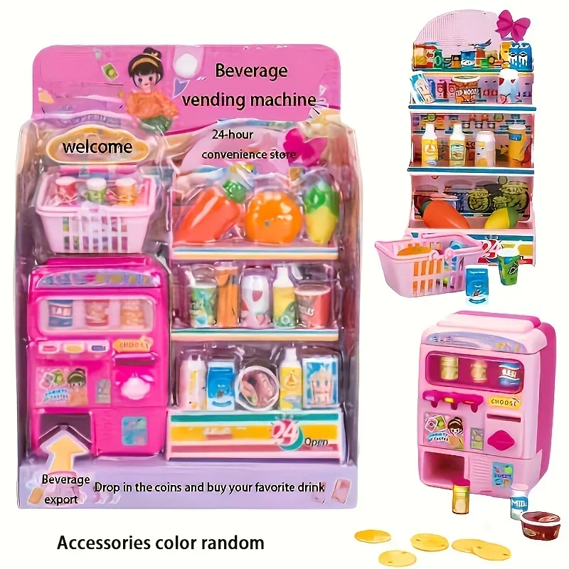 Vending Machine Play Set Toys for Kids Cash Register Playset Realistic Mini Drink Food Fruit Dispenser Toys for Girls Boys