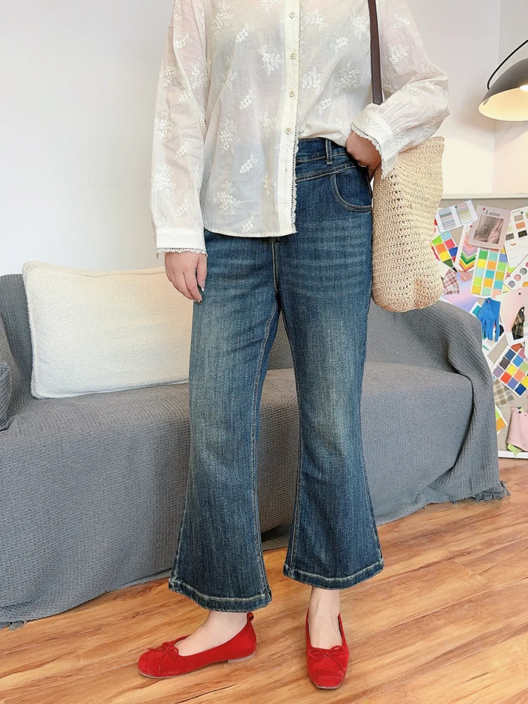 

New Arrival High Elasticity Bell Bottom Jeans Nine Points Retro Style Versatile Ladies Cotton Spring Season Natural Waist