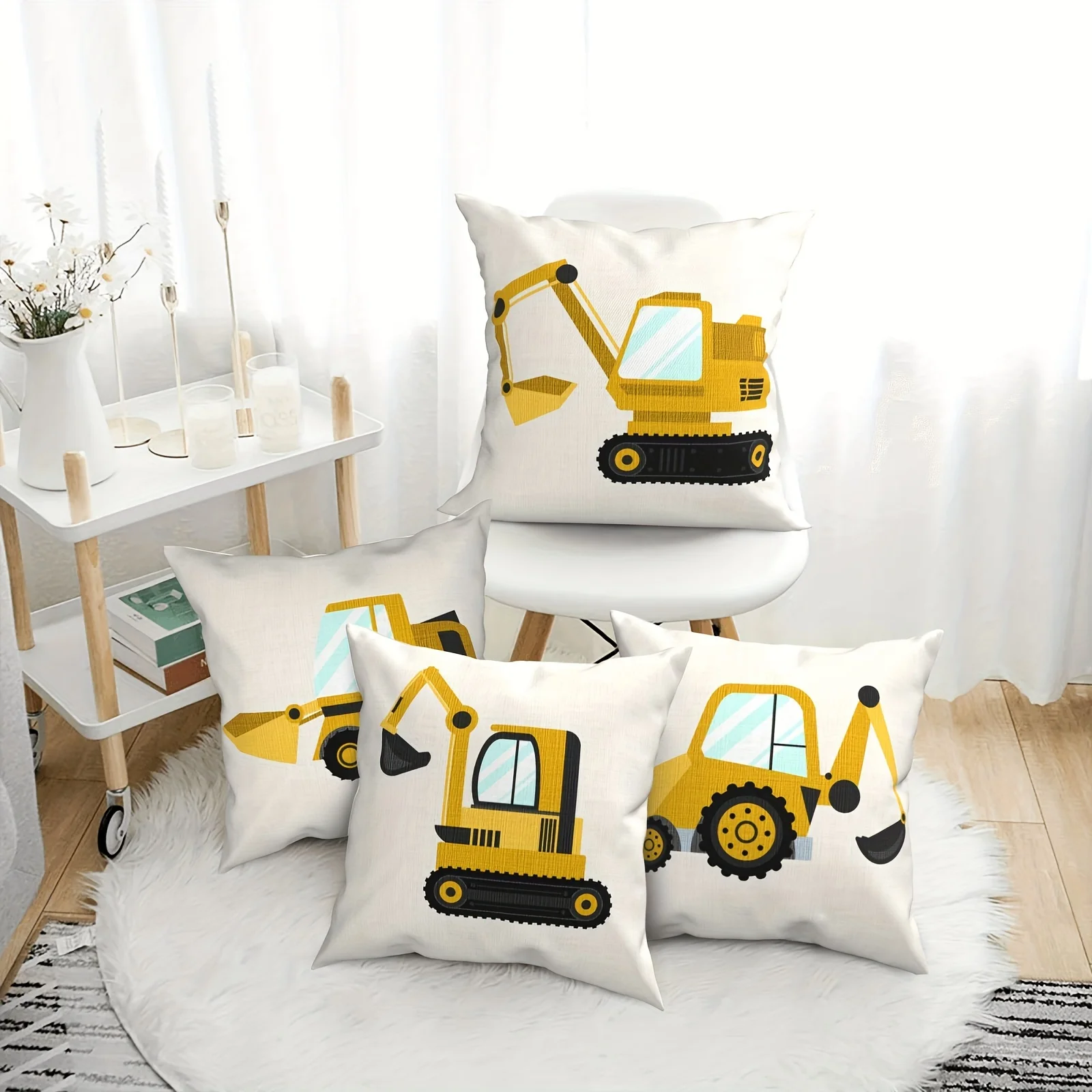 

4pcs Cartoon Construction Vehicle Throw Pillow Covers Cute Excavator double-sided Printed Cushion Cases, Playful Kids Room Decor