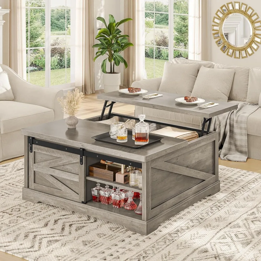 Farmhouse Style Square Coffee Table with Lift Top Storage for Living Room, Large Hidden Compartment