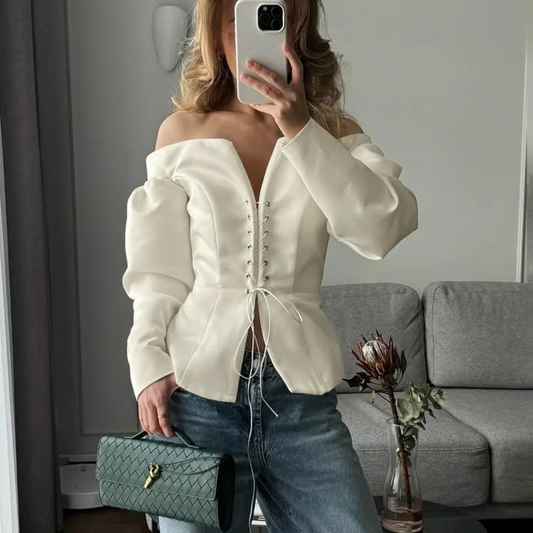 KIDCRKJ Lace-Up Backless Sexy Shirt Top Women's Fashion White Off-Shoulder Cardigan Elegant Luxury Party Chic Slim Female Top