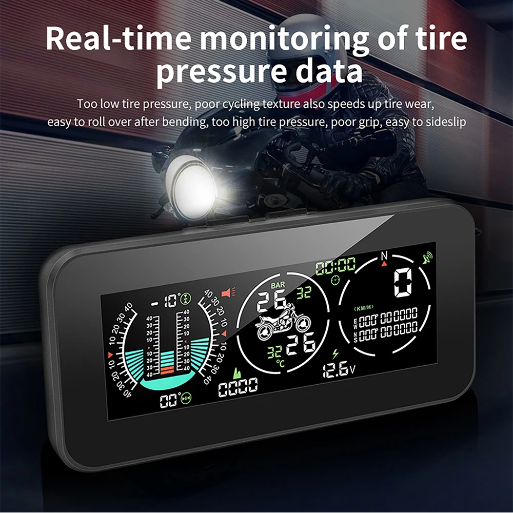 Sensores de presión de neumáticos Gps, posicionamiento por satélite, pantalla de tiempo por satélite, impermeable, sistema de alarma de monitoreo de ángulo de rollo de motocicleta