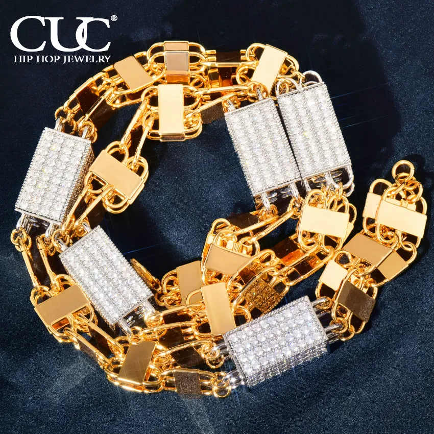 CUC 15MM Block Chain Men Hip Hop Choker Necklace Iced Out Micro Pave Cubic Zirconia Gold Color Link Fashion Punk Jewelry New