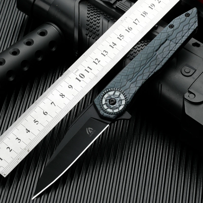 

HUANGFU 7CR13MOV Steel 3D-printed carbon fiber handle Jungle tactics folding knife, sharp hunting knife EDC tool