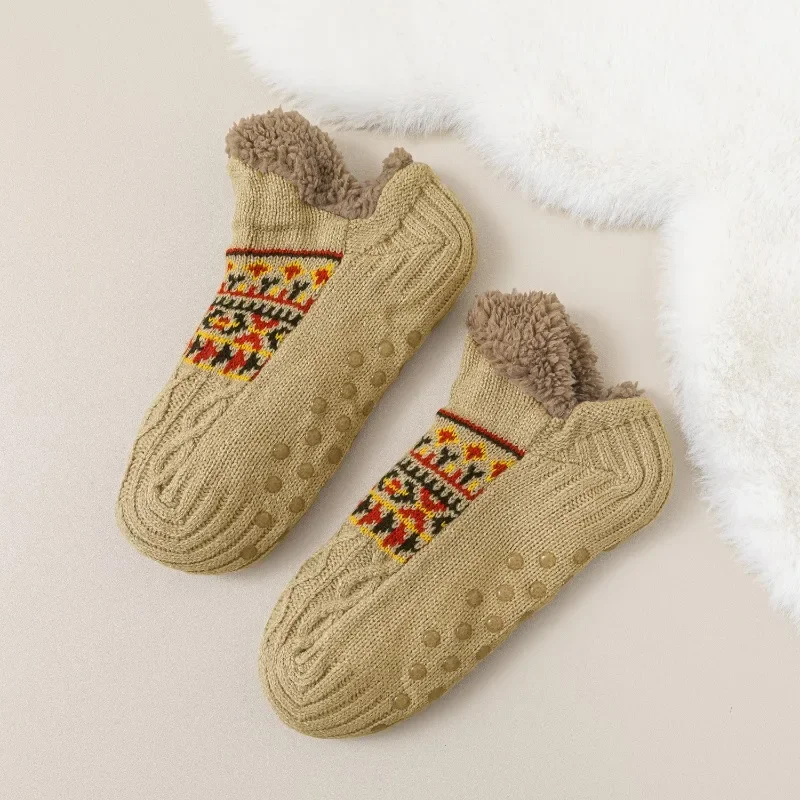 Floor socks fleece warm winter women's boat  indoor home non-slip shoes and  extra thick plush short tube socks