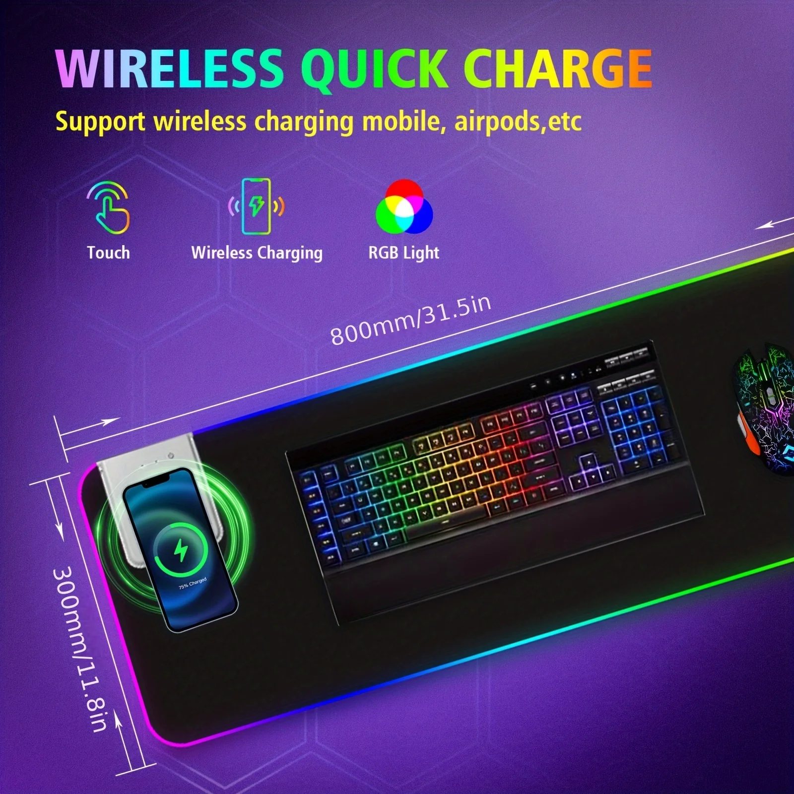 1PC 15W Wireless Fast Charging Light-up Gaming Mouse Pad - Large 30x80mm Electronic Desk Pad with 14 Spectrum Modes, 7-Color Bac