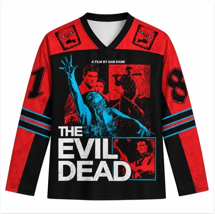 Camiseta de manga larga con cuello en V y estampado gráfico de terror para hombre, estilo vintage, con efecto desgastado, estampado de figuras, ideal para ropa urbana, Halloween, uso casual y como prenda de abrigo.