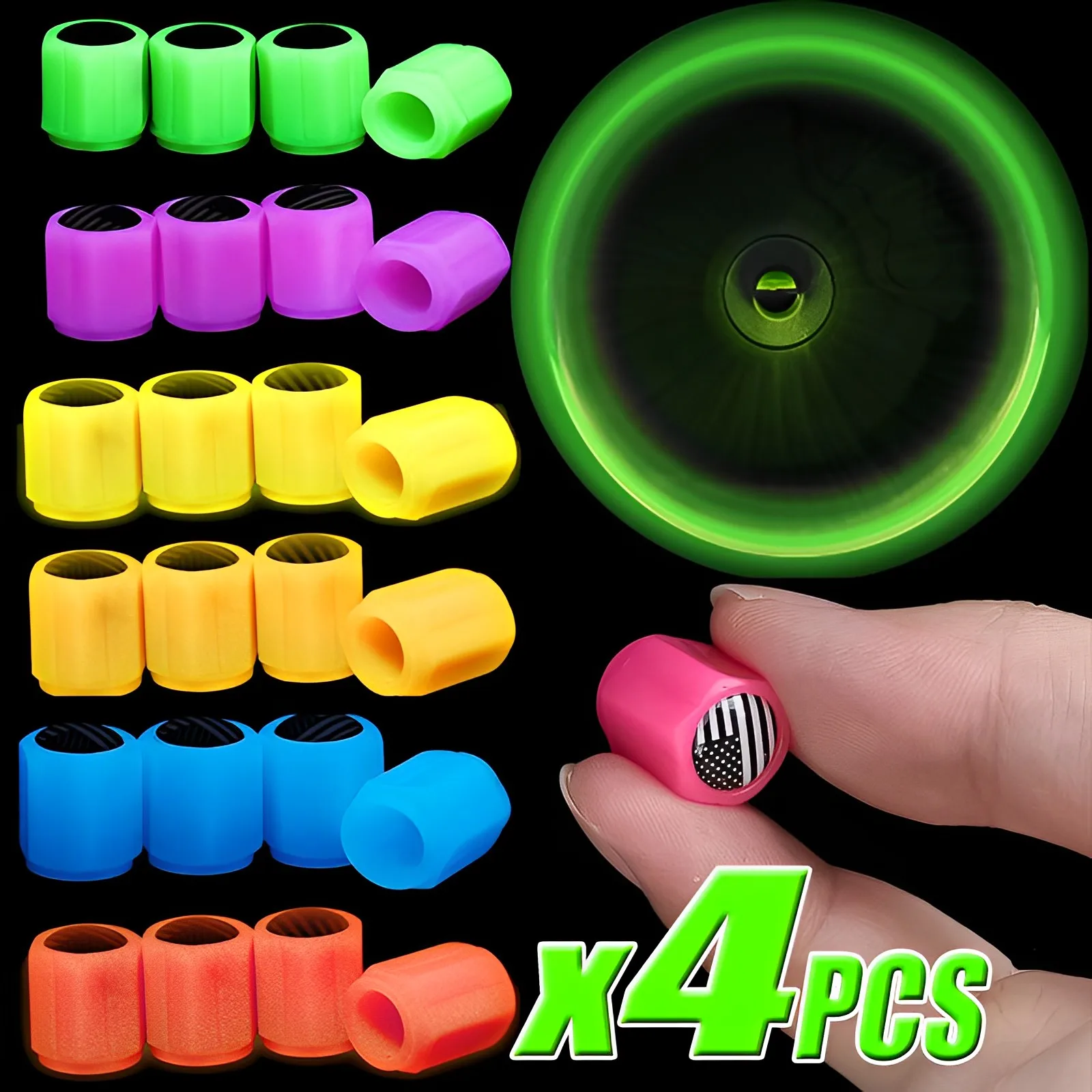 4pcs/set Luminous Car Tire Valve Cap Fluorescent Night Glowing Decor Motorcycle Bike Wheel Nozzle Dustproof Tyre Valve Stem Caps