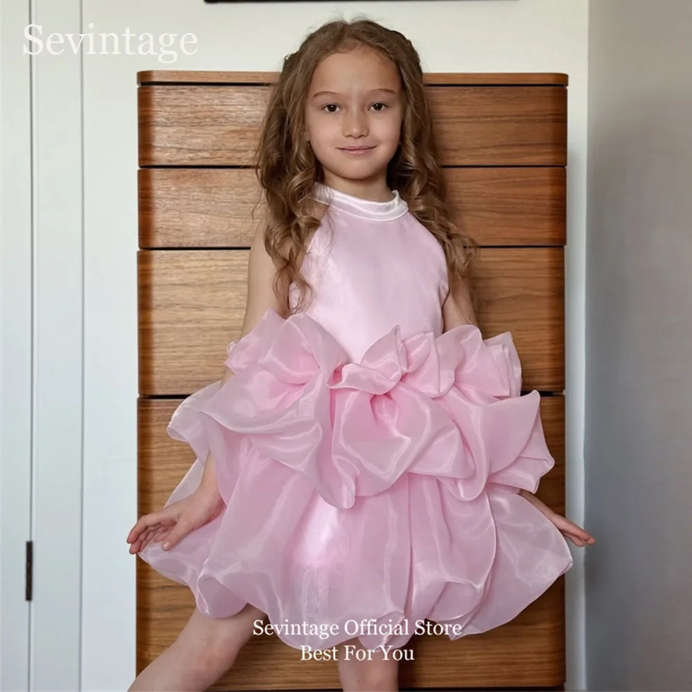

Розовые платья для девочек Sevintage Princess с цветочным узором, плиссированные, с завязками на шее, из органзы, для дня рождения, короткие детские платья А-силуэта, на заказ