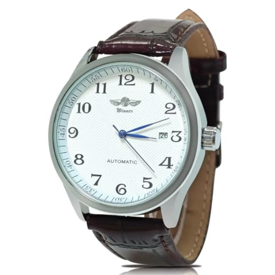 

Gute Men's Watch, Mechanical Skeleton Steampunk Automatic Self-Winding Arabic Numeral Blue Hands Brown PU Leather Wrist Watch