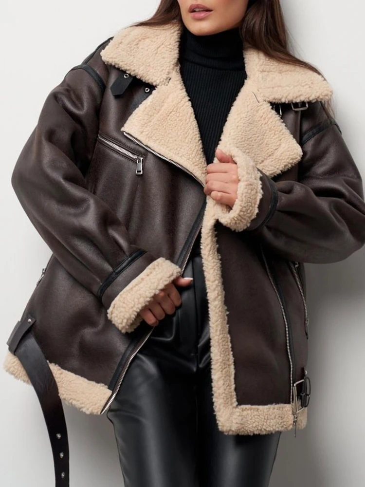 Ailegogo Streetwear Women Loose Warm Faux Leather Lamb Fur Jacket Vintage Female Zipper Belt Spliced Thick Chic Coat Outwear